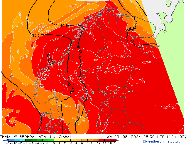 Theta-W 850hPa UK-Global Mi 29.05.2024 18 UTC