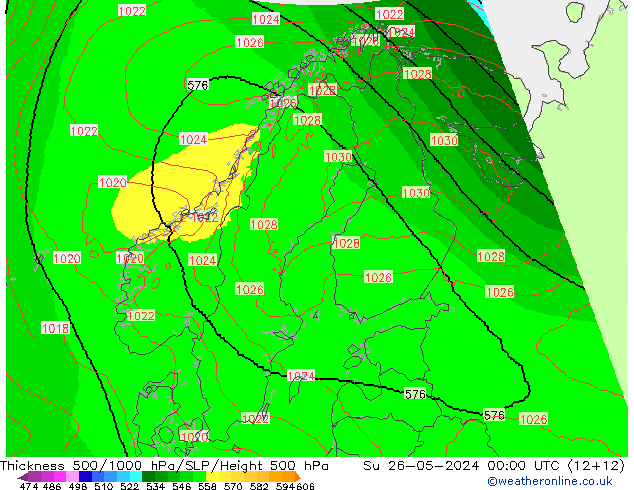 Thck 500-1000hPa UK-Global Su 26.05.2024 00 UTC