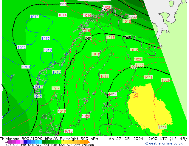 Schichtdicke 500-1000 hPa UK-Global Mo 27.05.2024 12 UTC