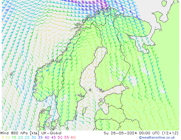 Wind 850 hPa UK-Global Su 26.05.2024 00 UTC