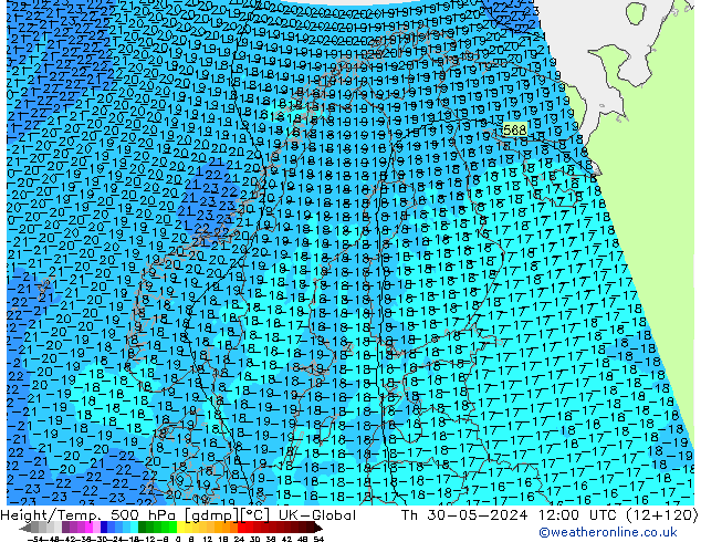 Height/Temp. 500 hPa UK-Global Th 30.05.2024 12 UTC