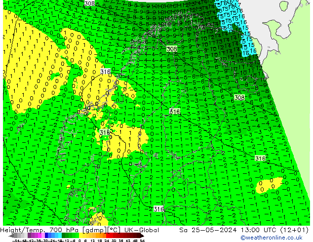 Geop./Temp. 700 hPa UK-Global sáb 25.05.2024 13 UTC