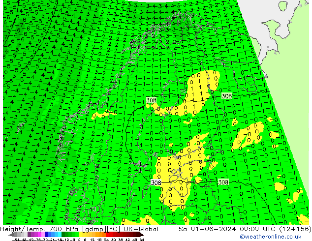 Height/Temp. 700 hPa UK-Global So 01.06.2024 00 UTC