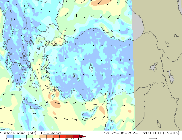 Surface wind (bft) UK-Global Sa 25.05.2024 18 UTC