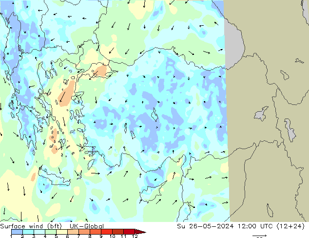 Viento 10 m (bft) UK-Global dom 26.05.2024 12 UTC