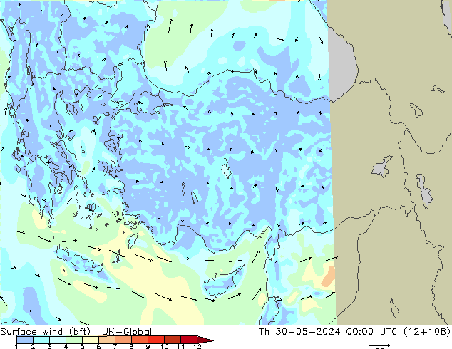 Surface wind (bft) UK-Global Čt 30.05.2024 00 UTC