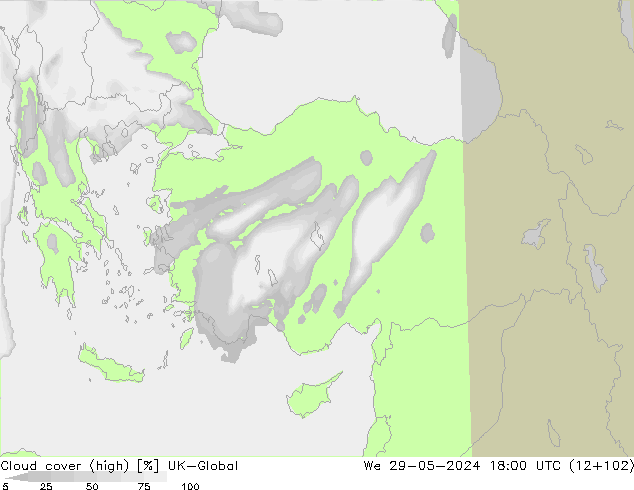 Cloud cover (high) UK-Global We 29.05.2024 18 UTC