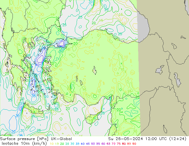 Isotachs (kph) UK-Global Su 26.05.2024 12 UTC