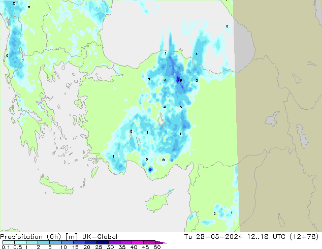 Precipitation (6h) UK-Global Tu 28.05.2024 18 UTC