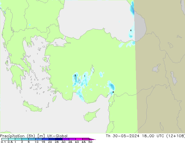 Totale neerslag (6h) UK-Global do 30.05.2024 00 UTC