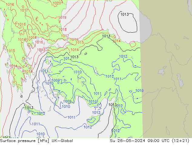 Pressione al suolo UK-Global dom 26.05.2024 09 UTC