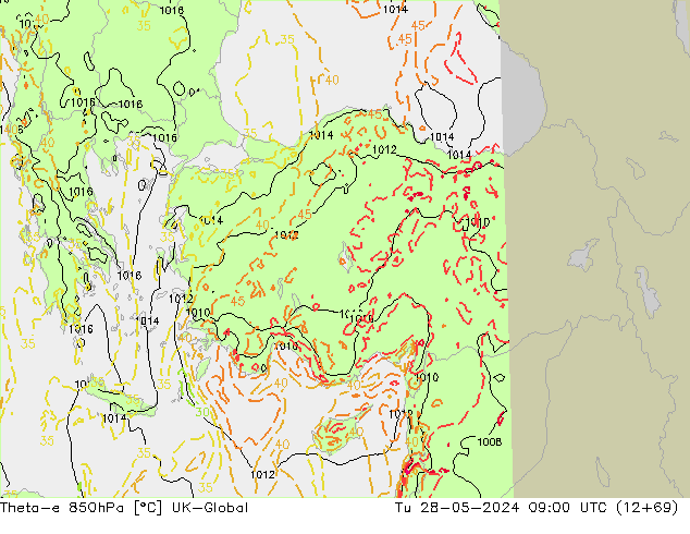 Theta-e 850hPa UK-Global mar 28.05.2024 09 UTC