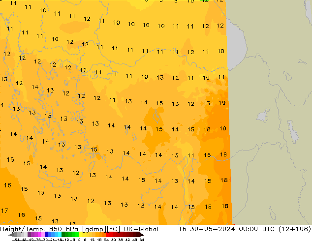 Hoogte/Temp. 850 hPa UK-Global do 30.05.2024 00 UTC