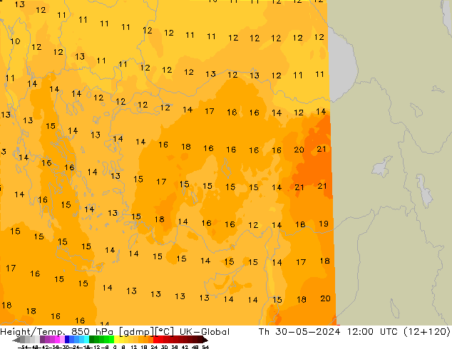 Height/Temp. 850 hPa UK-Global gio 30.05.2024 12 UTC