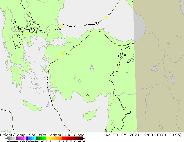 Géop./Temp. 950 hPa UK-Global mer 29.05.2024 12 UTC