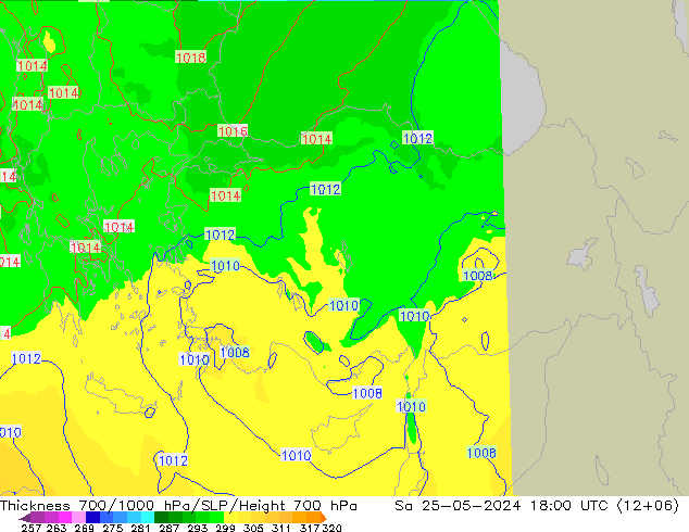 Dikte700-1000 hPa UK-Global za 25.05.2024 18 UTC