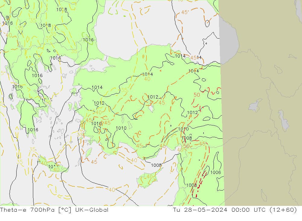 Theta-e 700hPa UK-Global Tu 28.05.2024 00 UTC