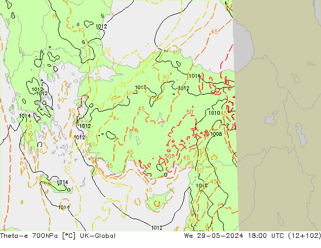 Theta-e 700hPa UK-Global We 29.05.2024 18 UTC