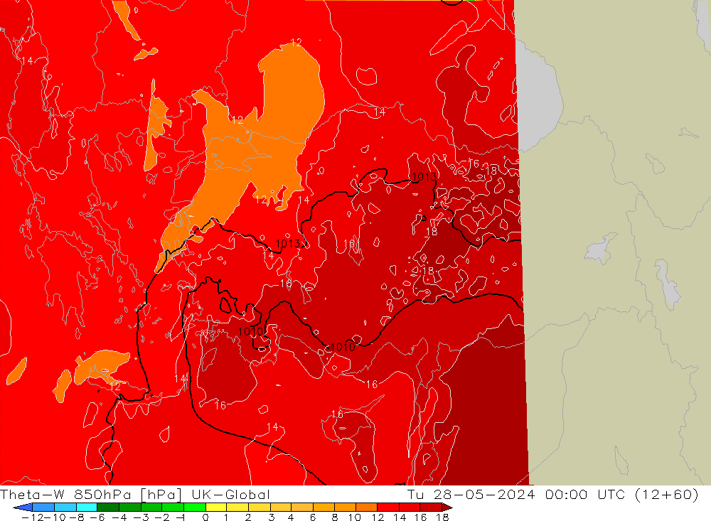 Theta-W 850гПа UK-Global вт 28.05.2024 00 UTC