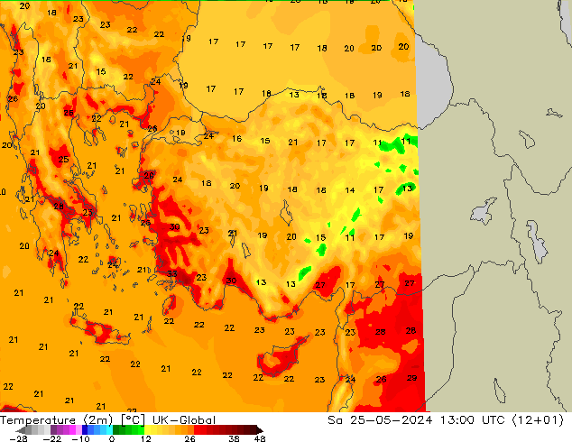 Temperatura (2m) UK-Global sáb 25.05.2024 13 UTC