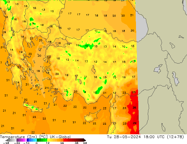 Temperature (2m) UK-Global Tu 28.05.2024 18 UTC