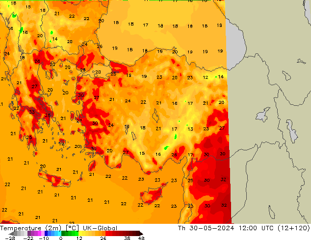 Temperatuurkaart (2m) UK-Global do 30.05.2024 12 UTC