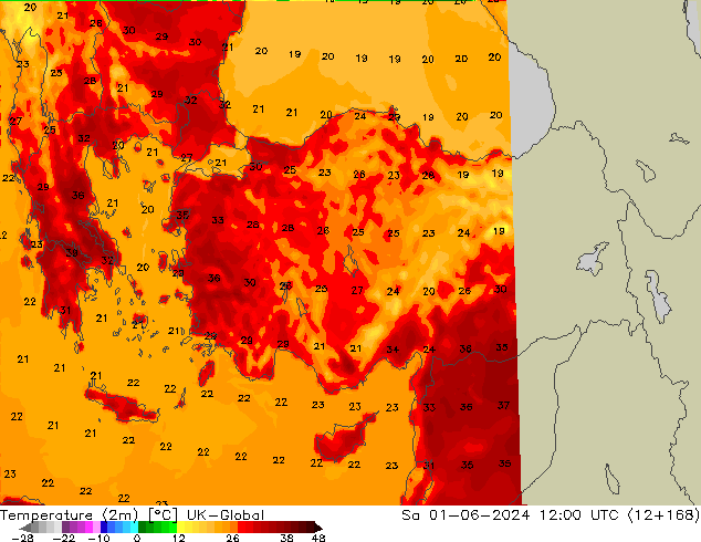 Sıcaklık Haritası (2m) UK-Global Cts 01.06.2024 12 UTC