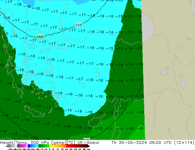 Height/Temp. 500 hPa UK-Global gio 30.05.2024 06 UTC