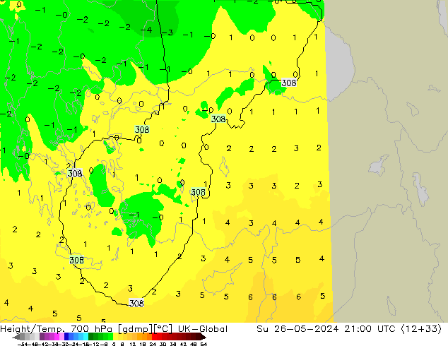 Height/Temp. 700 hPa UK-Global Su 26.05.2024 21 UTC