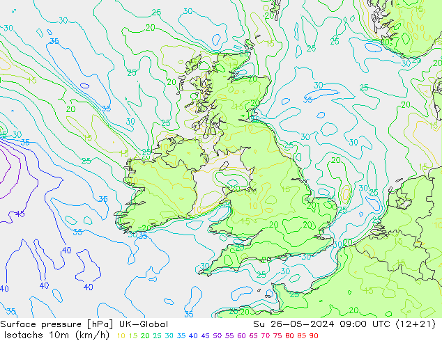 Isotachs (kph) UK-Global dom 26.05.2024 09 UTC