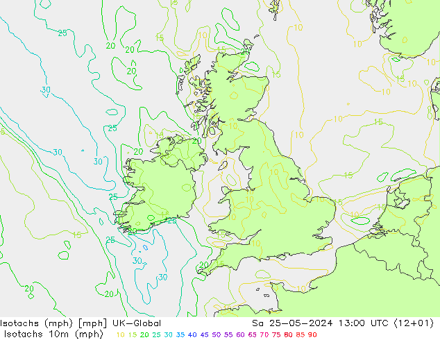 Isotachen (mph) UK-Global Sa 25.05.2024 13 UTC