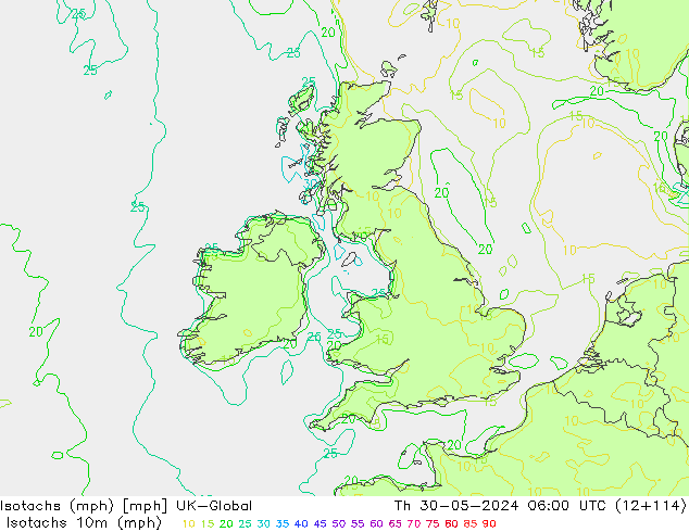 Izotacha (mph) UK-Global czw. 30.05.2024 06 UTC