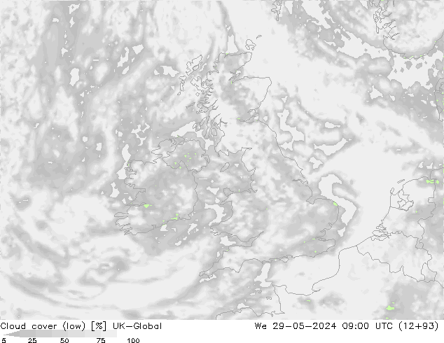 Cloud cover (low) UK-Global We 29.05.2024 09 UTC