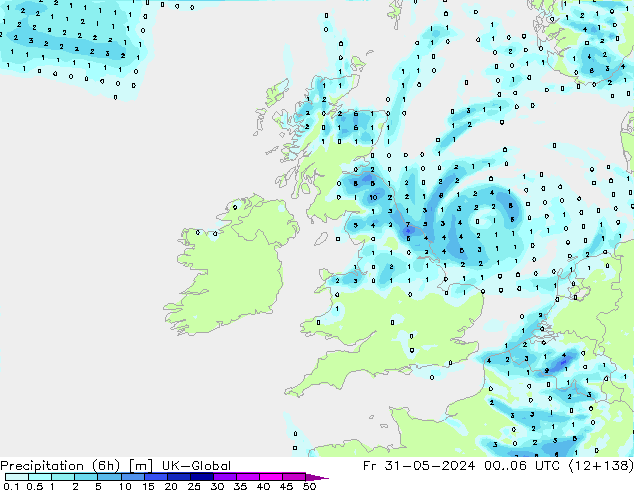 Precipitazione (6h) UK-Global ven 31.05.2024 06 UTC