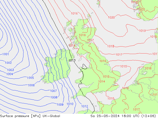 Pressione al suolo UK-Global sab 25.05.2024 18 UTC