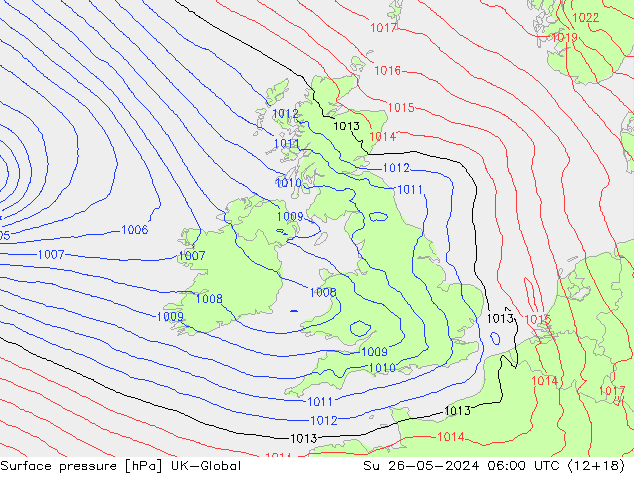 Pressione al suolo UK-Global dom 26.05.2024 06 UTC