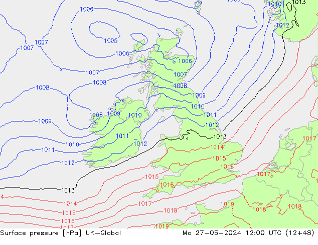 Surface pressure UK-Global Mo 27.05.2024 12 UTC