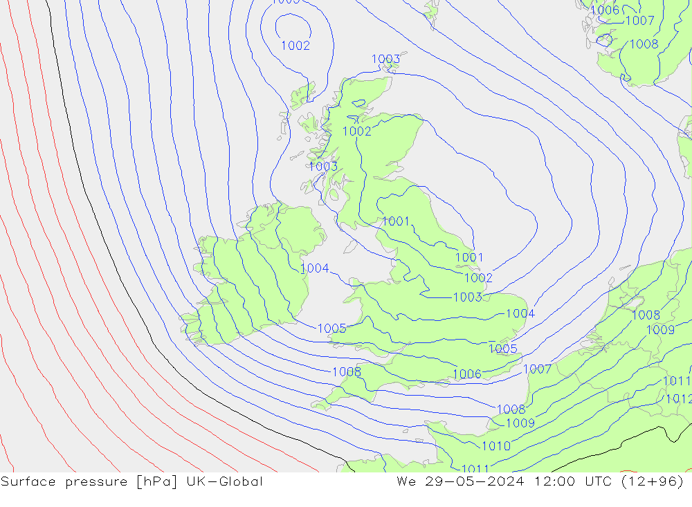 Surface pressure UK-Global We 29.05.2024 12 UTC