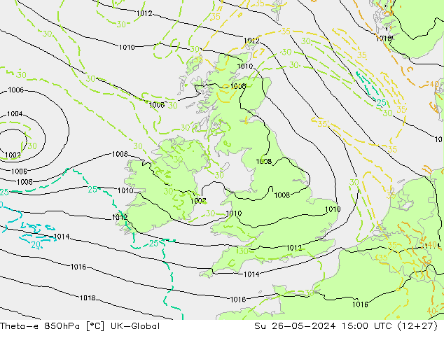 Theta-e 850hPa UK-Global Dom 26.05.2024 15 UTC