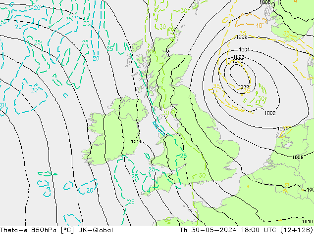 Theta-e 850hPa UK-Global Čt 30.05.2024 18 UTC