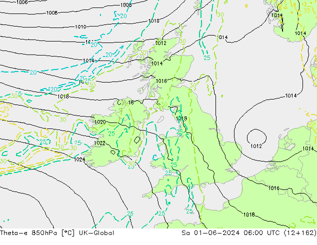 Theta-e 850hPa UK-Global So 01.06.2024 06 UTC