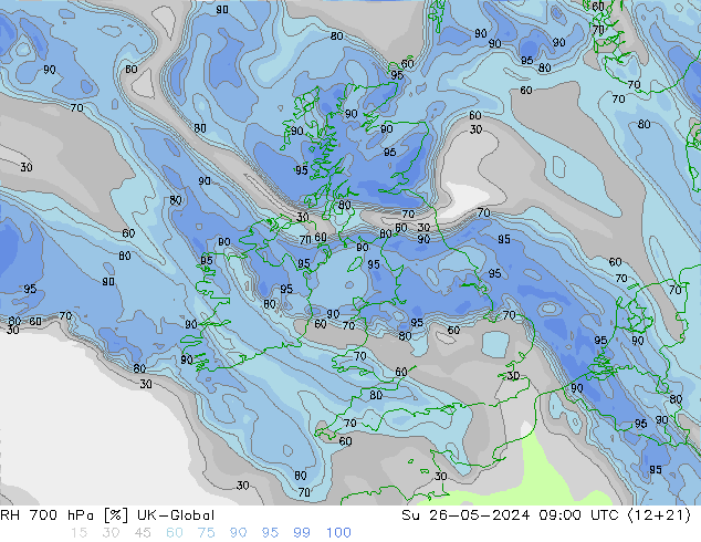 RH 700 hPa UK-Global dom 26.05.2024 09 UTC