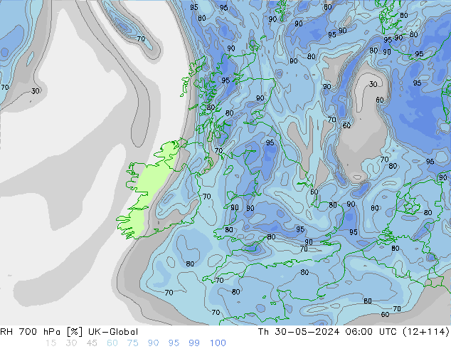 RH 700 hPa UK-Global Qui 30.05.2024 06 UTC