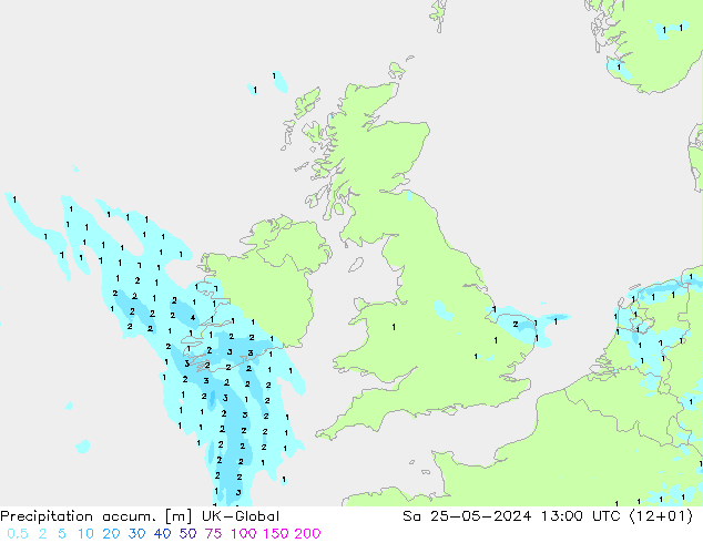 Precipitation accum. UK-Global Sa 25.05.2024 13 UTC