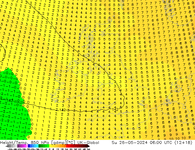 Height/Temp. 850 hPa UK-Global dom 26.05.2024 06 UTC