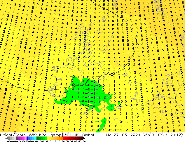 Height/Temp. 850 hPa UK-Global pon. 27.05.2024 06 UTC