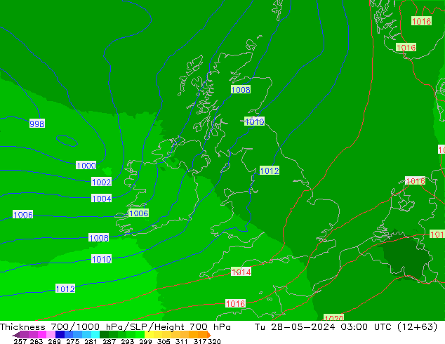 Thck 700-1000 hPa UK-Global  28.05.2024 03 UTC