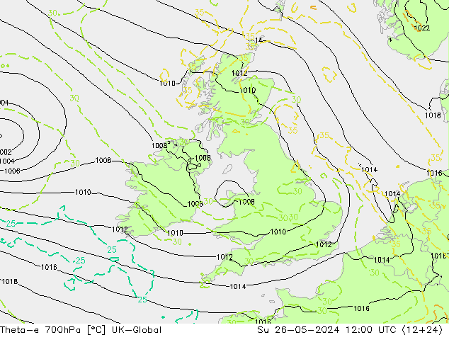 Theta-e 700hPa UK-Global dom 26.05.2024 12 UTC