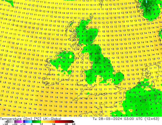 Temperatura (2m) UK-Global mar 28.05.2024 03 UTC