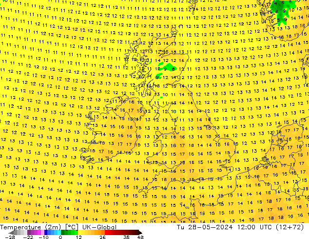 mapa temperatury (2m) UK-Global wto. 28.05.2024 12 UTC